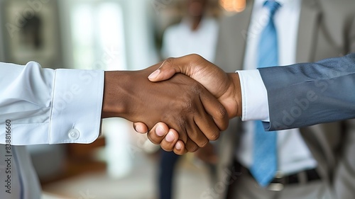 Close-up of two business professionals shaking hands, symbolizing partnership, agreement, and teamwork in a corporate setting.