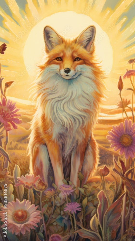 Fototapeta premium Mystical Tarot Art: Joyful Fox as The Sun in Enchanting Meadow