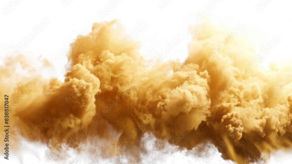 Dry Soil explosion with dirt and cloud smoke. Isolated on white background. Yellow Dirty ground abstract spread with flying particles Dry Soil explosion with dirt and cloud smoke. Isolated on white background. Yellow Dirty ground abstract spread with flying particles