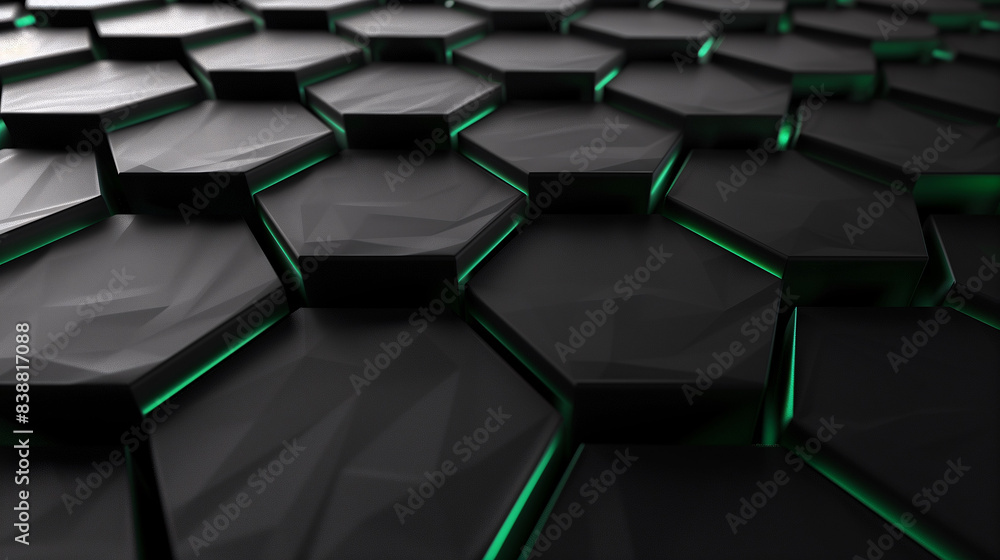 Obraz premium Futuristic Abstract Black and Green Hexagonal Pattern Surface with Lighting Effects Background