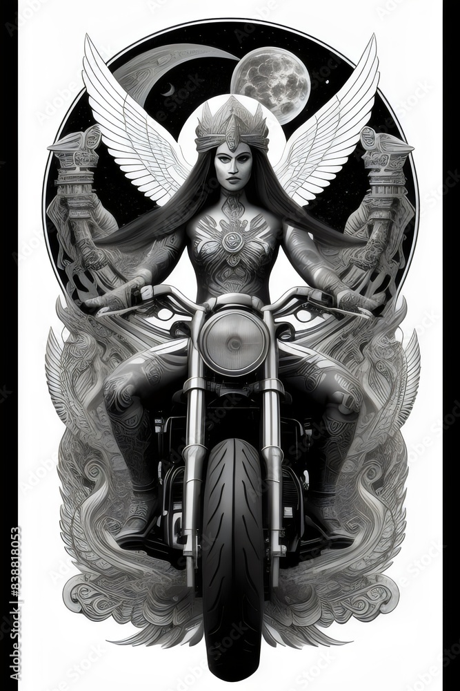Fototapeta premium an illustration of a fictional woman, goddess, character riding a motorcycle