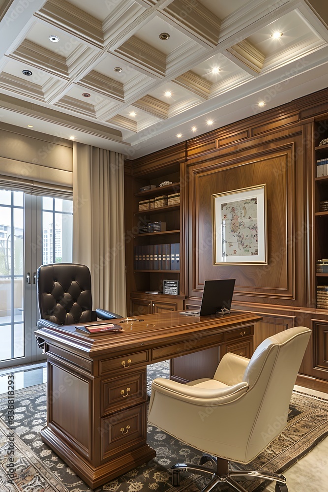 Luxury home office with wood paneling and coffered ceiling Luxury home office with wood paneling and coffered ceiling