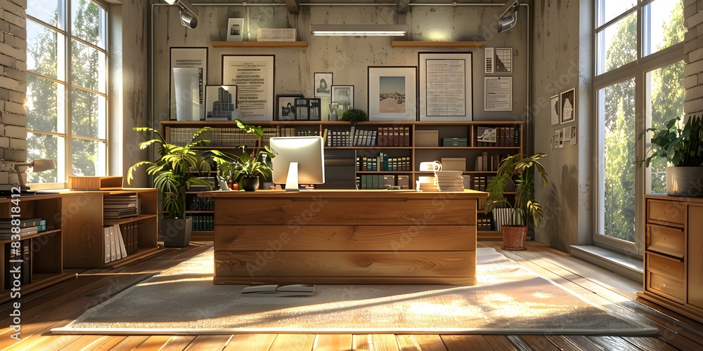 Home office interior design with large desk and iMac computer Home office interior design with large desk and iMac computer