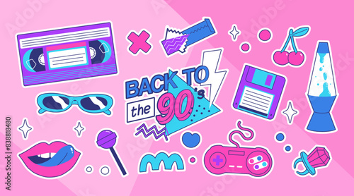 Classic 80s back to 90s elements in modern flat style. Hand drawn sticker set, vector illustration. Fashion patch, badge, emblem with vintage accessories.