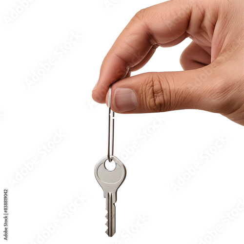 Close-Up Of Hand Holding House Key On Transparent Background