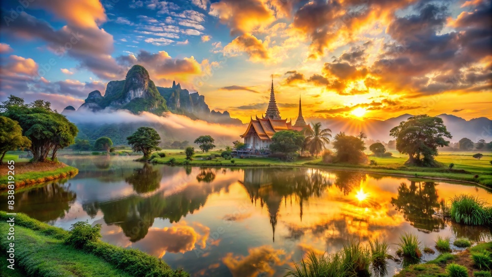 Fototapeta premium Beautiful temple in Thailand at sunset time