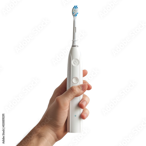 Hand Holding an Oral-B Electric Toothbrush on a Transparent Background photo