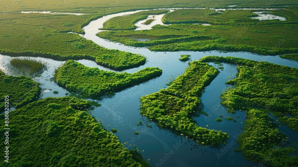 Aerial View of Serpentine River Winding through Vibrant Wetlands Aerial View of Serpentine River Winding through Vibrant Wetlands