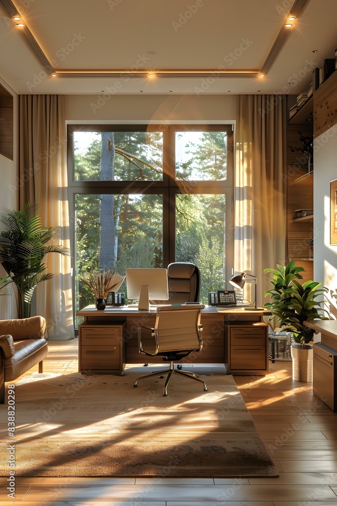 Fototapeta premium Home office interior with large windows and a view of the forest