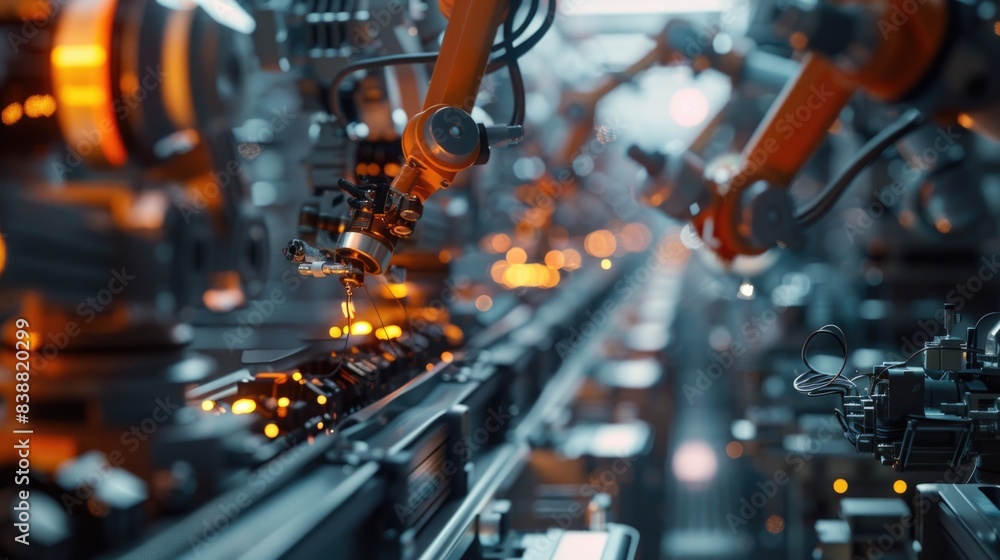 Advanced Robotics Arms in High-Tech Factory Production Line Advanced Robotics Arms in High-Tech Factory Production Line