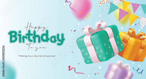 Happy birthday greeting vector design. Birthday greeting text with gift boxes, confetti and pennants decoration elements for invitation card background. Vector illustration birthday card design.  
