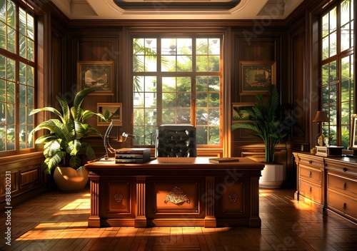 Luxurious wooden home office interior with large windows