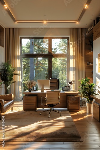 Home office interior with large windows and a view of the forest