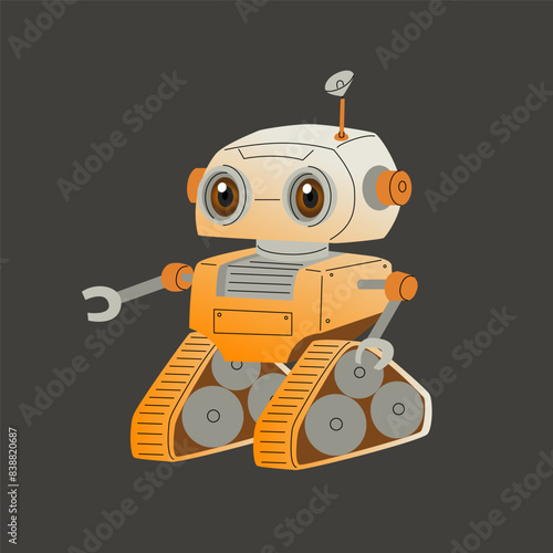 Cute cartoon robot with big eyes on wheels. Friendly artificial intelligence, ready to help a person. Vector illustration isolated on a dark background.