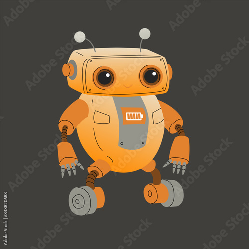 Cute cartoon robot with big eyes on wheels. Friendly artificial intelligence, ready to help a person. Vector illustration isolated on a dark background.