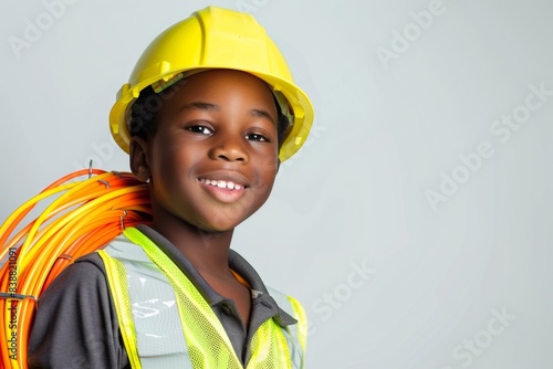 Happy young boy in construction gear with safety helmet and vest holding cables