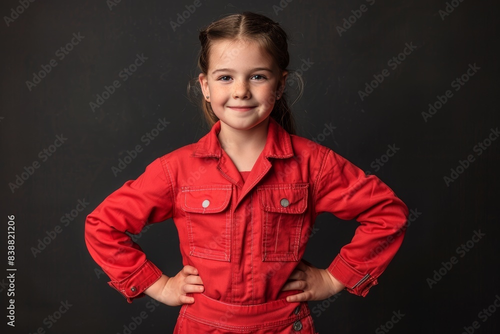 Confident young girl in red jumpsuit smiling with hands on hips, dark background Confident young girl in red jumpsuit smiling with hands on hips, dark background