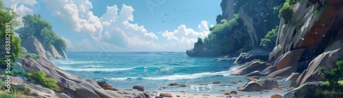 Tranquil Seaside Cove with Cliffs and Trees