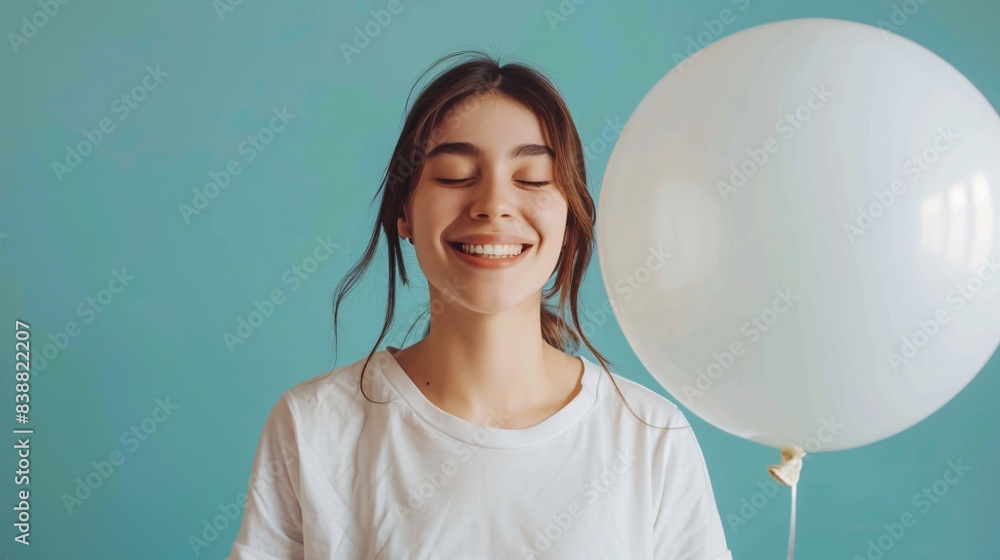 Naklejka premium Portrait of a beautiful woman in white t-shirt smiling and holding a white helium balloon on blue background