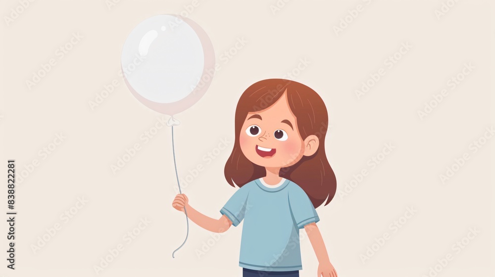 Illustration of a little girl in a blue t-shirt with long hair smiling and holding a white helium balloon on a light background Illustration of a little girl in a blue t-shirt with long hair smiling and holding a white helium balloon on a light background