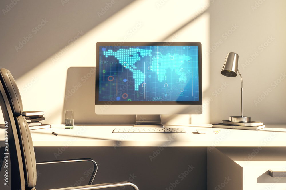 Computer monitor with abstract creative digital world map, globalization concept. 3D Rendering Computer monitor with abstract creative digital world map, globalization concept. 3D Rendering