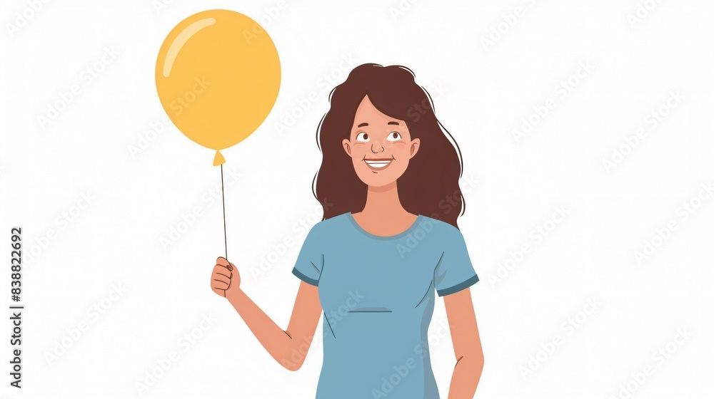 Illustration of a woman in a blue t-shirt smiling and holding a yellow helium balloon on a white background Illustration of a woman in a blue t-shirt smiling and holding a yellow helium balloon on a white background