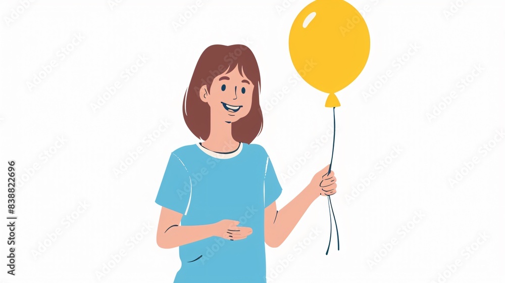 Illustration of a woman in a blue t-shirt smiling and holding a yellow helium balloon on a white background Illustration of a woman in a blue t-shirt smiling and holding a yellow helium balloon on a white background