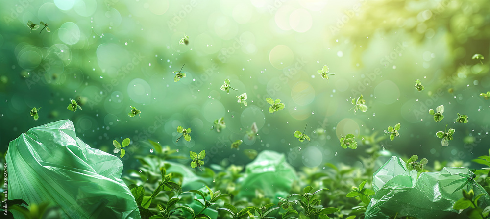 Reduce reuse recycle campaign banner with green plastic bag Reduce reuse recycle campaign banner with green plastic bag