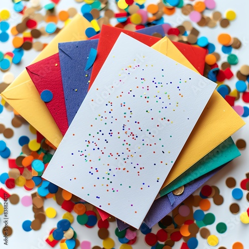 Colorful confetti card with envelopes for special occasion.