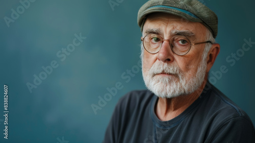 Portrait of an unhappy retired old man , blue color background banner with copy space