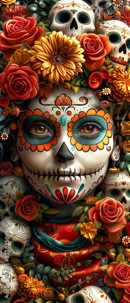 A woman with a flowery headdress and a skull on her face. The skull is surrounded by flowers and the woman's face is covered in flowers A woman with a flowery headdress and a skull on her face. The skull is surrounded by flowers and the woman's face is covered in flowers