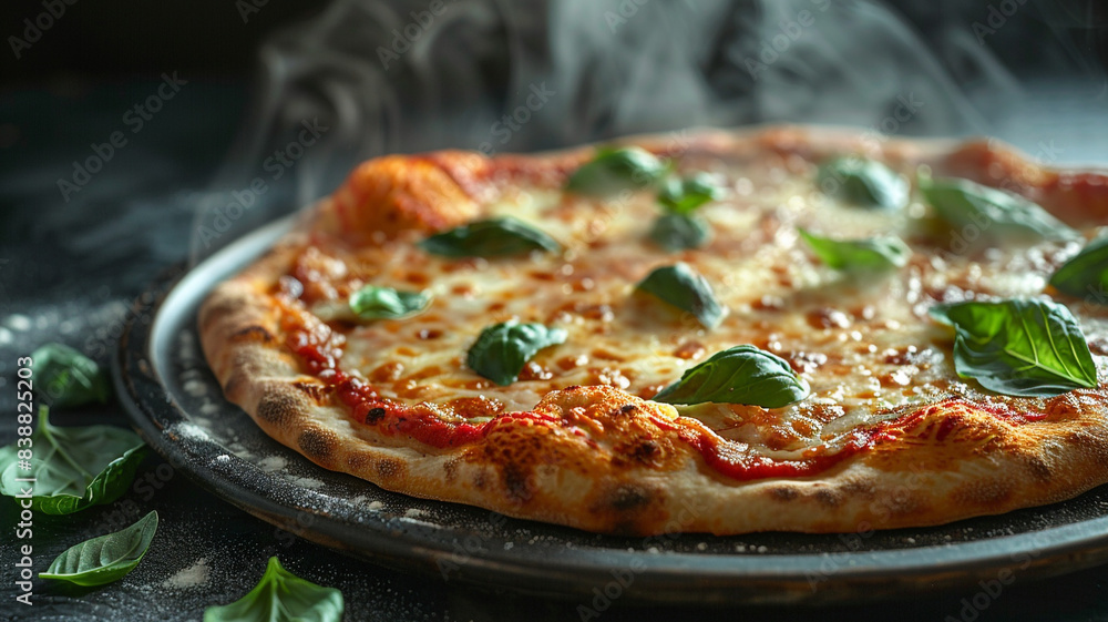 A delicious, cheesy pizza, topped with fresh basil leaves. A delicious, cheesy pizza, topped with fresh basil leaves.