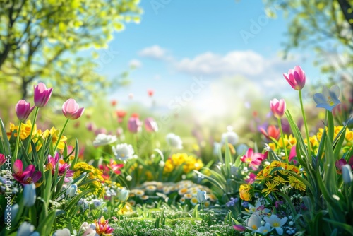 Colorful Spring Flowers in Sunlit Garden