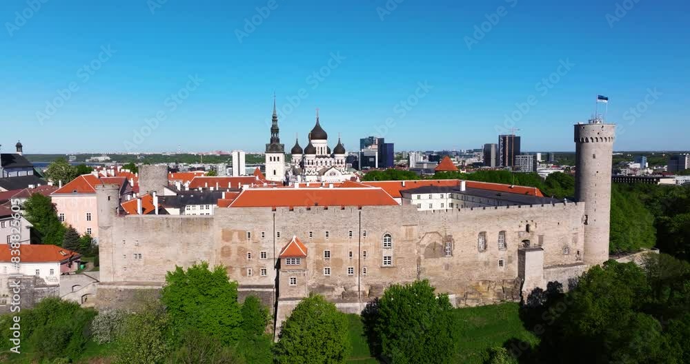 Aerial Boom Shot Reveals Toompea Castle (Pikk Hermann, Tall Hermann), Old Town in Background Aerial Boom Shot Reveals Toompea Castle (Pikk Hermann, Tall Hermann), Old Town in Background