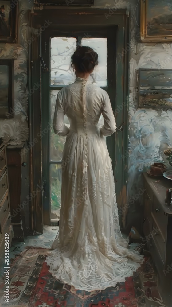 Naklejka premium A woman wearing a white dress is standing in front of a door