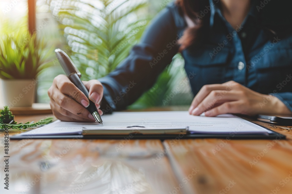 The property agent discussed the conditions of the house buying contract and requested the client's signature for legal validity, relating to the sale and insurance of the property. The property agent discussed the conditions of the house buying contract and requested the client's signature for legal validity, relating to the sale and insurance of the property.