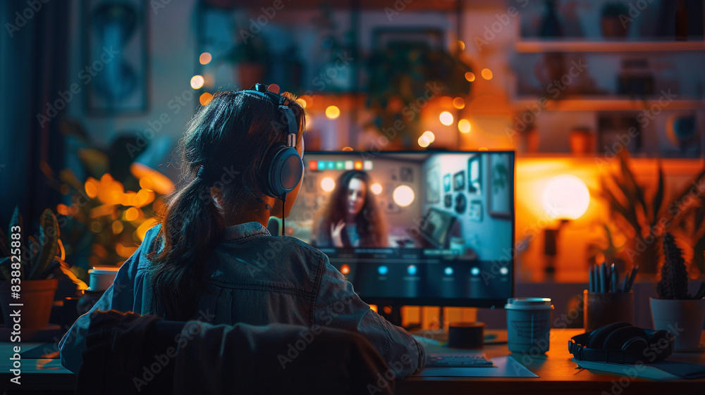 A woman is sitting at her desk at home, looking at her computer screen A woman is sitting at her desk at home, looking at her computer screen