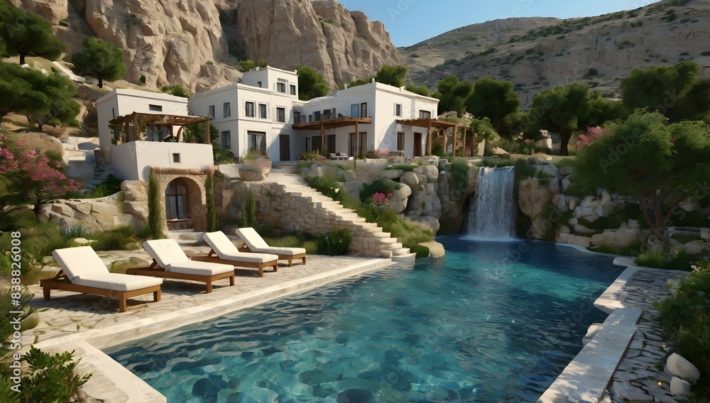 Fototapeta premium Greek style garden, beautiful, surrounded by waterfalls, paradise, greek architecture, pools, open space, natural