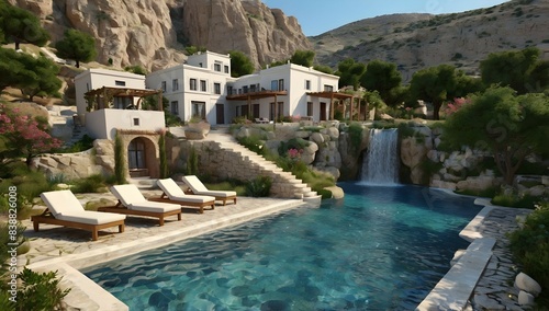 Greek style garden  beautiful  surrounded by waterfalls  paradise  greek architecture  pools  open space  natural