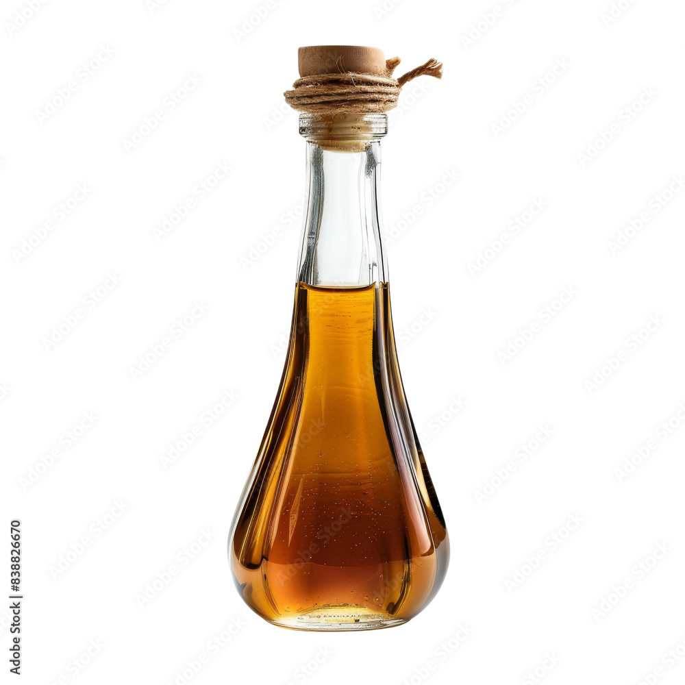 Glass bottle filled with amber-colored liquid, elegantly sealed with a cork stopper, perfect for oil or vinegar storage on kitchen counters. Glass bottle filled with amber-colored liquid, elegantly sealed with a cork stopper, perfect for oil or vinegar storage on kitchen counters.