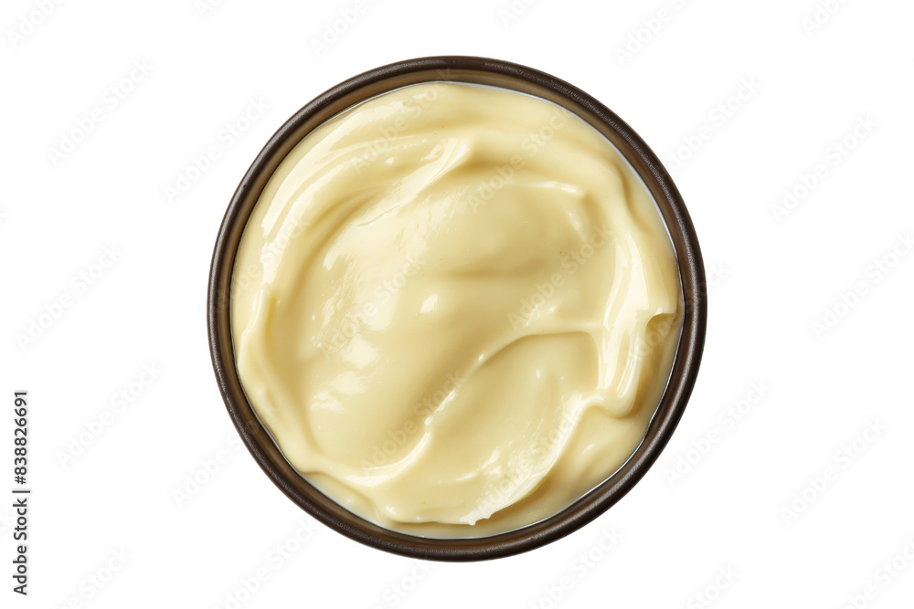 Top view of a creamy mayonnaise in a round container isolated on transparent background. Perfect for culinary and food photography. Top view of a creamy mayonnaise in a round container isolated on transparent background. Perfect for culinary and food photography.