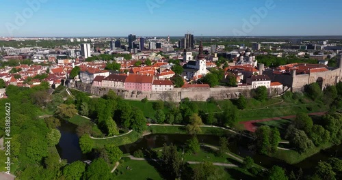 Amazing Aerial View Above Walls of Tallinn Protecting Historic Old Town City Centre photo