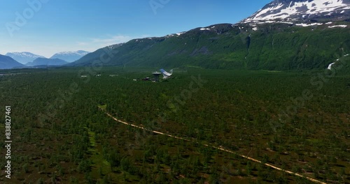 Aerial view approaching the EISCAT Troms station, sunny, summer day in Norway photo