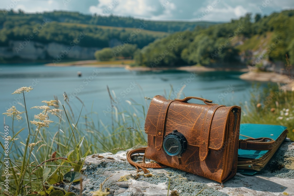 Scientific researcher bag with compass and notebook on nature background Scientific researcher bag with compass and notebook on nature background