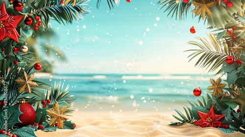 Christmas in July sale announcement template with holiday decorations on a beach background.