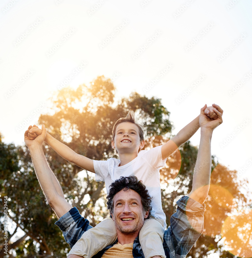 © Arnell Koegelenberg/peopleimages.com - Airplane, love or father and son with piggyback fun in park for bonding on sunset adventure in nature. Flying, support or happy boy child with dad in forest for learning, balance or shoulder games © Arnell Koegelenberg/peopleimages.com - Airplane, love or father and son with piggyback fun in park for bonding on sunset adventure in nature. Flying, support or happy boy child with dad in forest for learning, balance or shoulder games