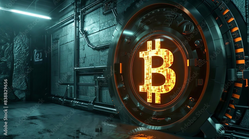 Fototapeta premium A futuristic vault with a glowing Bitcoin symbol on the door and a shadowy, hightech background