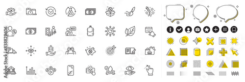 Set of Flood insurance, Event click and Court building line icons for web app. Design elements, Social media icons. Approved, Chemistry experiment, Puzzle icons. Vector