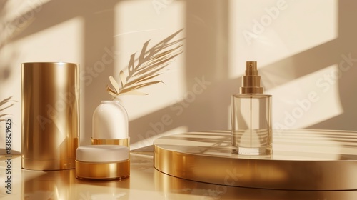 A modern 3D virtual luxury cosmetics composition highlighting premium beauty items with intricate detailing and clear copy space for promotional text