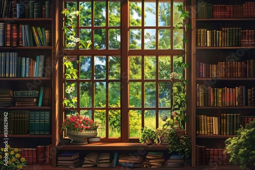 Cozy home library interior with collection of different books on shelves  and mirrored windows as background. HD  realistic  copy space. generative ai
